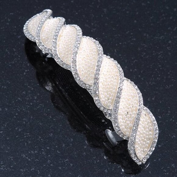 Bridal Wedding Prom Silver Tone Pearl Diamante Hair Clip Grip 85mm main image 8